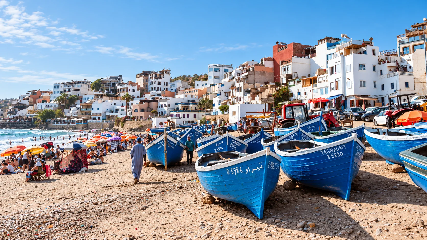 Blue fishing boats beside a coastal village